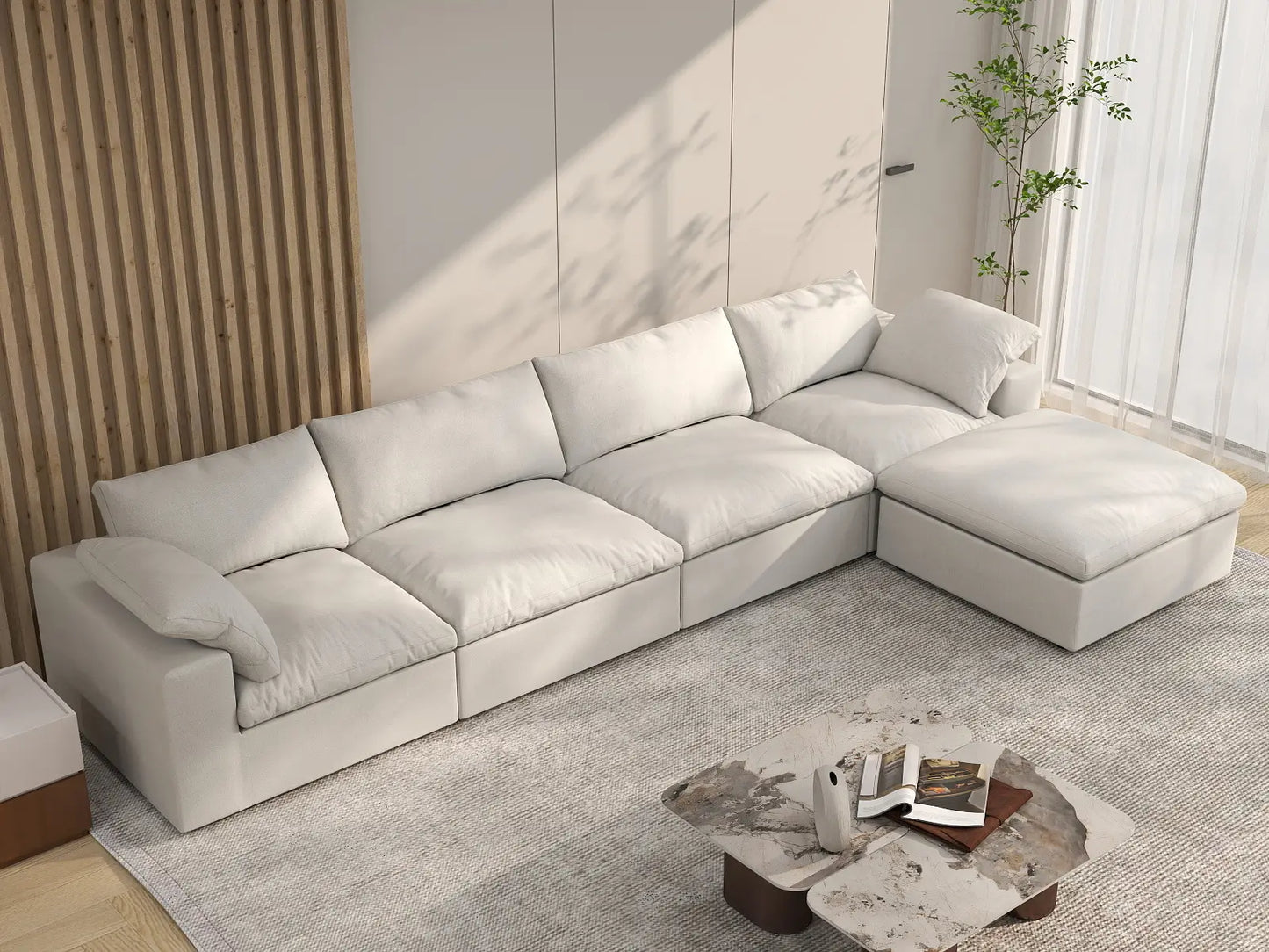 WJS Home 5 Piece Cotton and Linen White L Shaped Sectionals 160 Removable _ Washable Covers 4 Seater_8