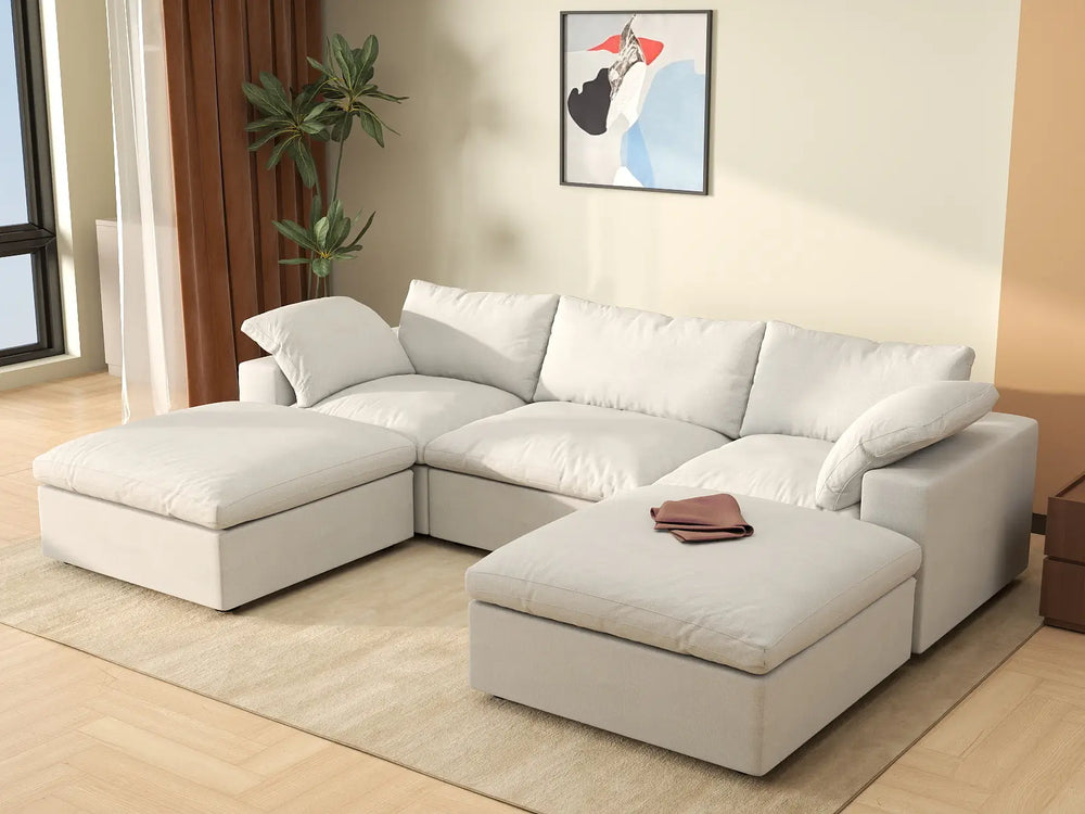 WJS Home 5 Piece Cotton and Linen White U shaped Sectionals 120 Removable _ Washable Covers 3 Seater_1