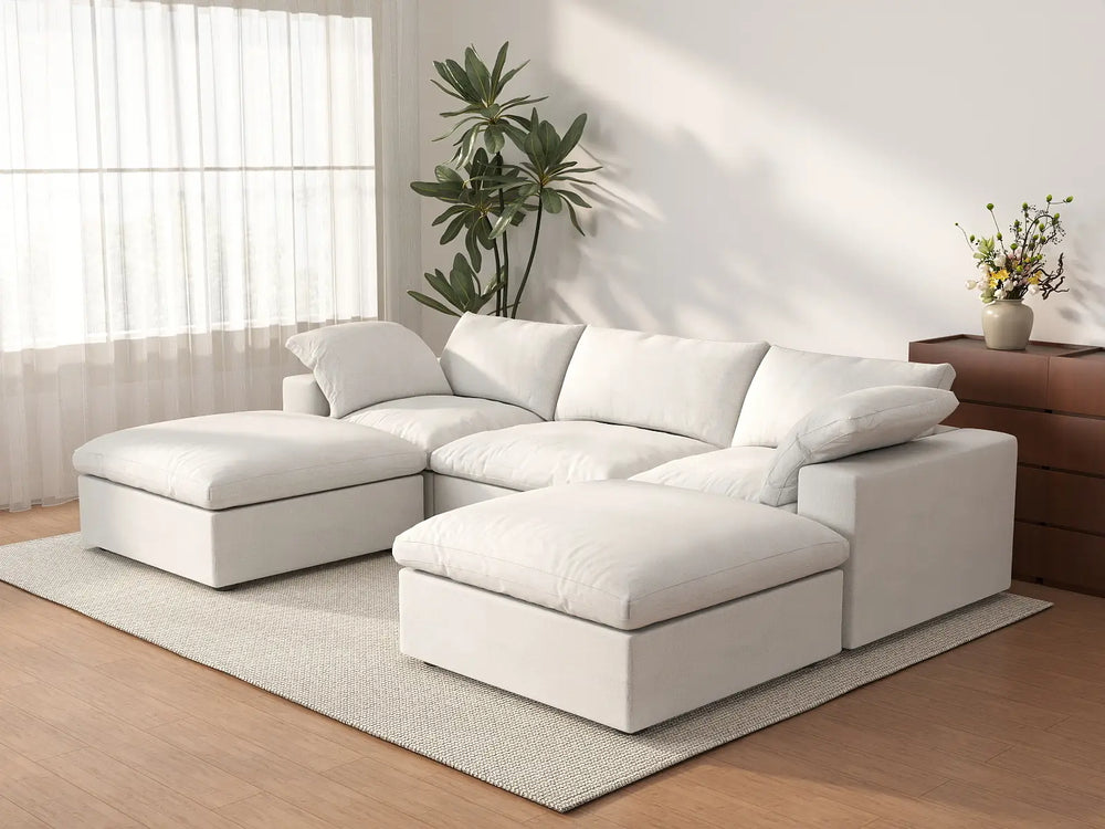 WJS Home 5 Piece Cotton and Linen White U shaped Sectionals 120 Removable _ Washable Covers 3 Seater_3