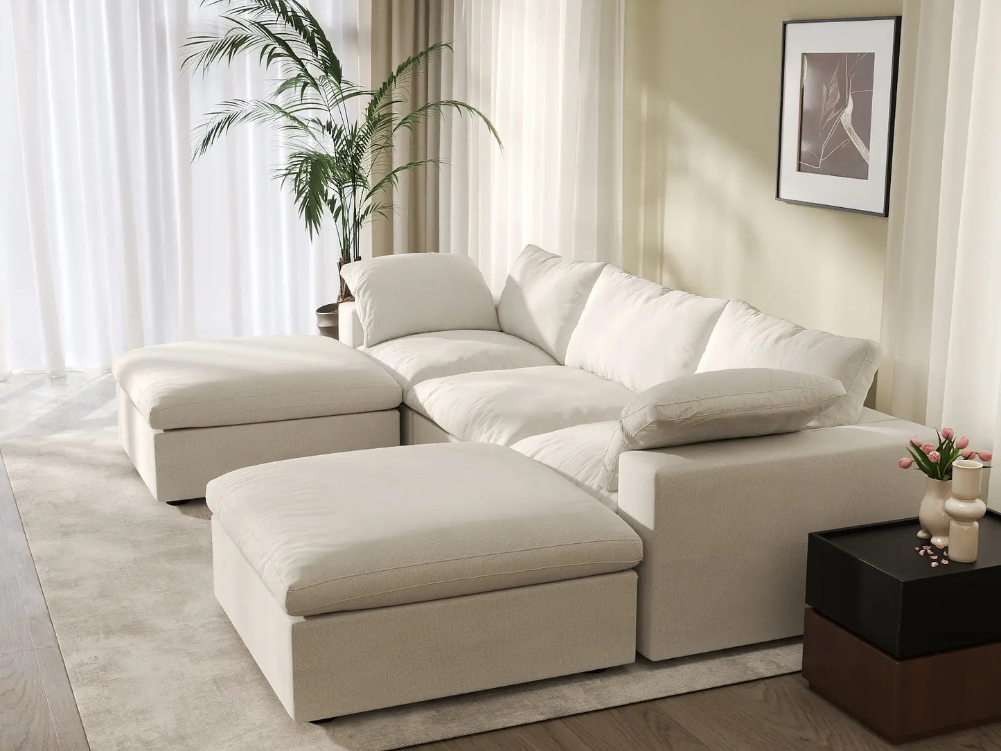 WJS Home 5 Piece Cotton and Linen White U shaped Sectionals 120 Removable _ Washable Covers 3 Seater_7