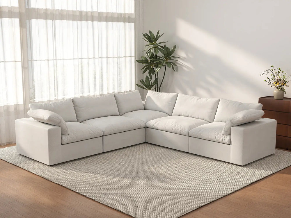 WJS Home 5 Piece Cotton and Linen White V shaped Sectionals 160 Storage Ottoman 5 Seater_3