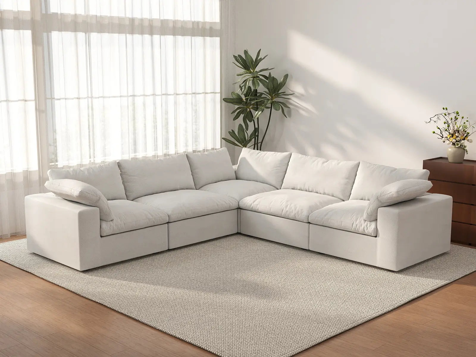 WJS Home 5 Piece Cotton and Linen White V shaped Sectionals 160 Storage Ottoman 5 Seater_3