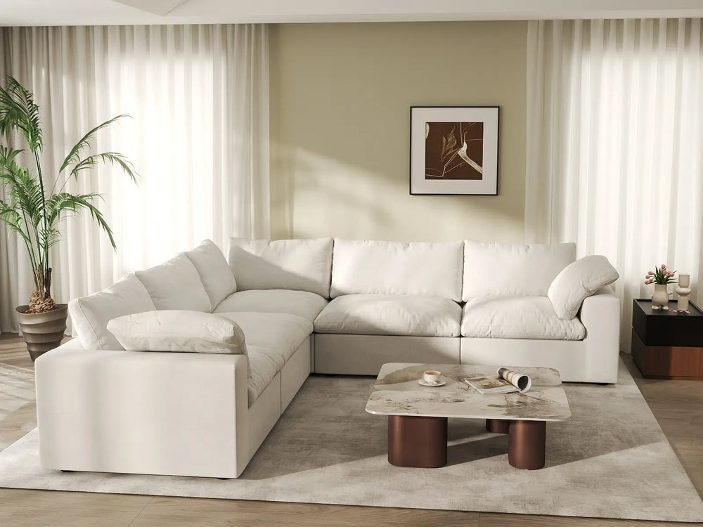 WJS Home 5 Piece Cotton and Linen White V shaped Sectionals 160 Storage Ottoman 5 Seater_6