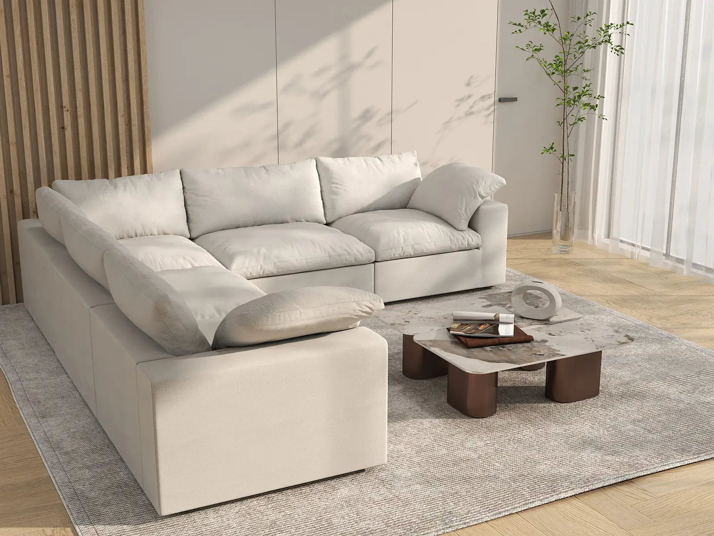 WJS Home 5 Piece Cotton and Linen White V shaped Sectionals 160 Storage Ottoman 5 Seater_7