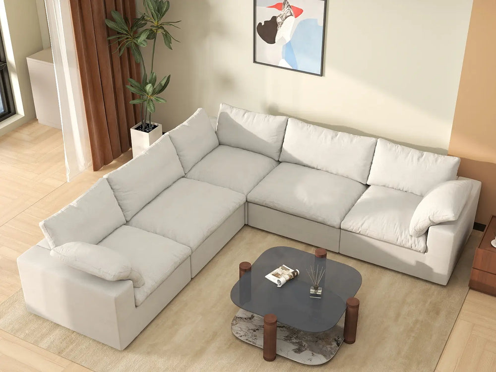 WJS Home 5 Piece Cotton and Linen White V shaped Sectionals 160 Storage Ottoman 5 Seater_8