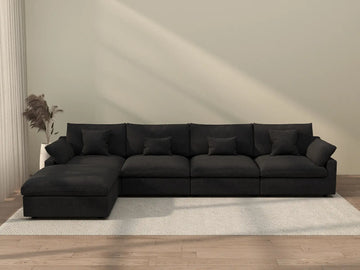 Sofá modular modular Deluxe Cloud de 4 plazas, color negro, lavable, en forma de L | 5 piezas (incluye 1 otomana), tejido de chenilla y lino, diseño modular