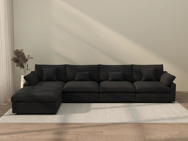 Sofá modular modular Deluxe Cloud de 4 plazas, color negro, lavable, en forma de L | 5 piezas (incluye 1 otomana), tejido de chenilla y lino, diseño modular