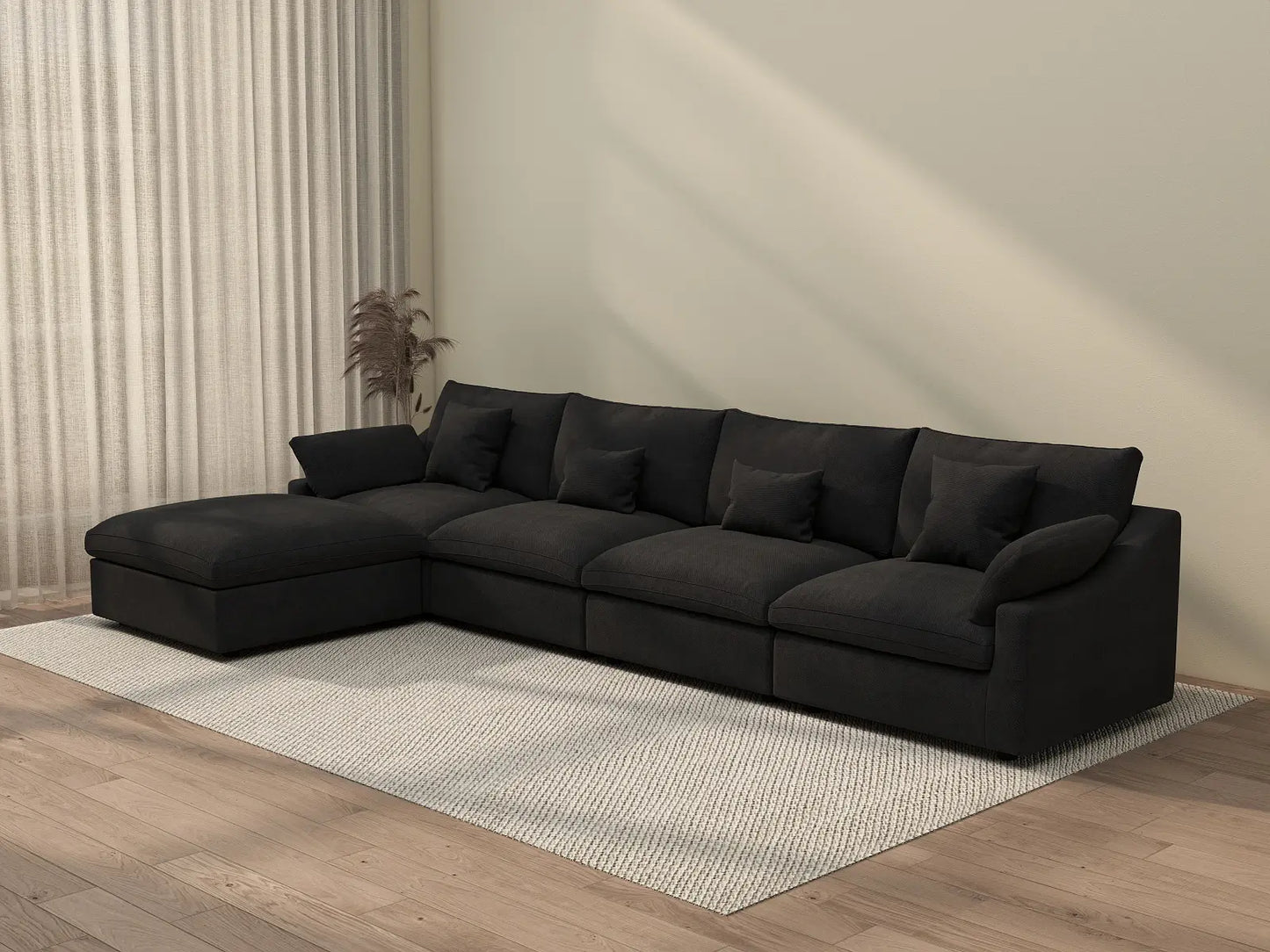 WJS Home 5 Piece Linen Black L Shaped Sectionals 160 Adjustable Backrest Pillows 4 Seater_3