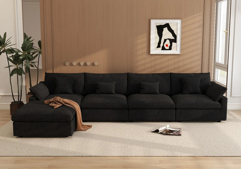 WJS Home 5 Piece Linen Black L Shaped Sectionals 160 Adjustable Backrest Pillows 4 Seater_7