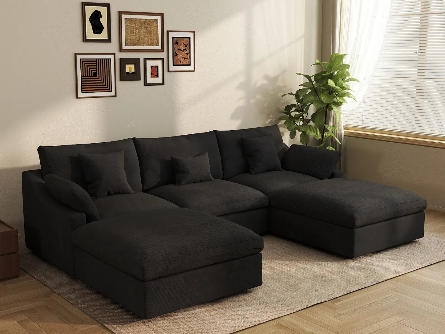 WJS Home 5 Piece Linen Black U shaped Sectionals 120 Adjustable Backrest Pillows 3 Seater_1