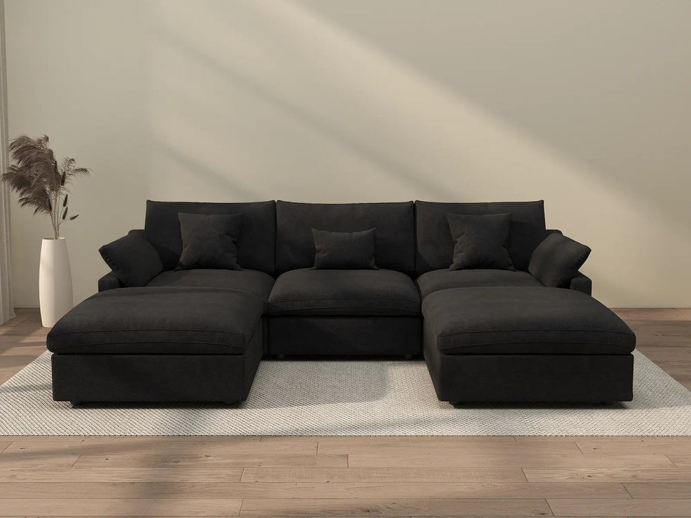 WJS Home 5 Piece Linen Black U shaped Sectionals 120 Adjustable Backrest Pillows 3 Seater_2