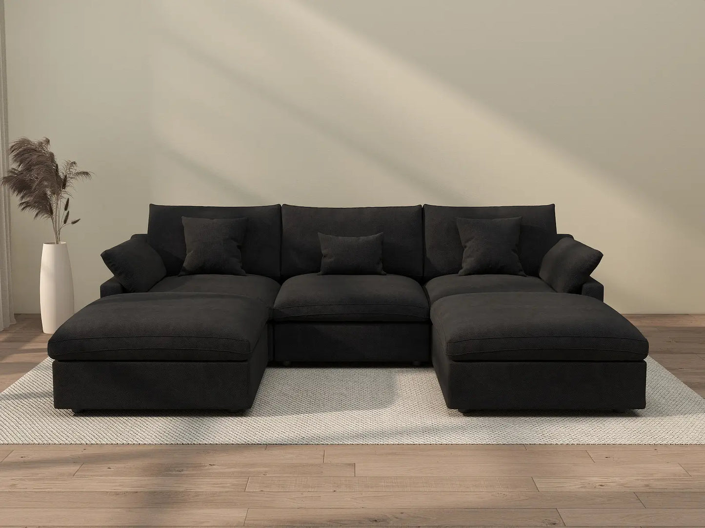 WJS Home 5 Piece Linen Black U shaped Sectionals 120 Adjustable Backrest Pillows 3 Seater_2