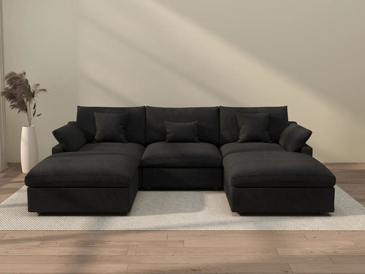 WJS Home 5 Piece Linen Black U shaped Sectionals 120 Adjustable Backrest Pillows 3 Seater_2