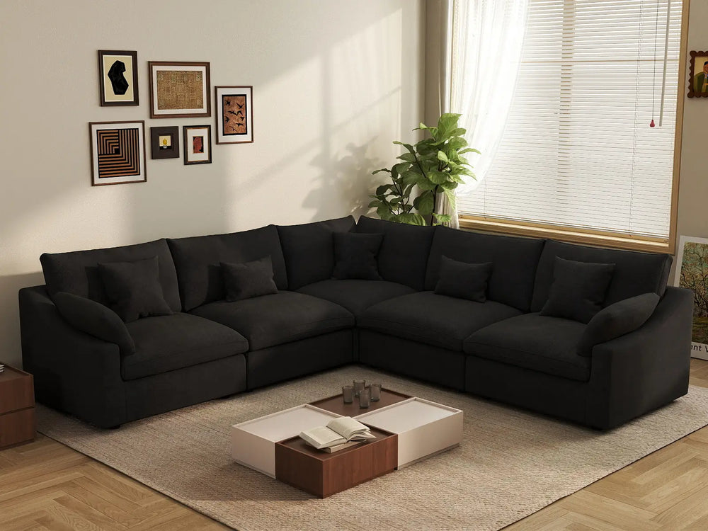 WJS Home 5 Piece Linen Black V Shaped Sectionals 5 Seater_1
