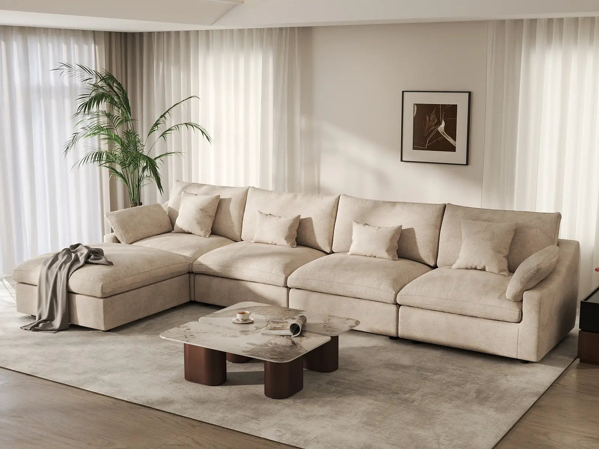 WJS Home 5 Piece Linen Khaki Sofa Sets 4 Seater With 1 Ottoman_1