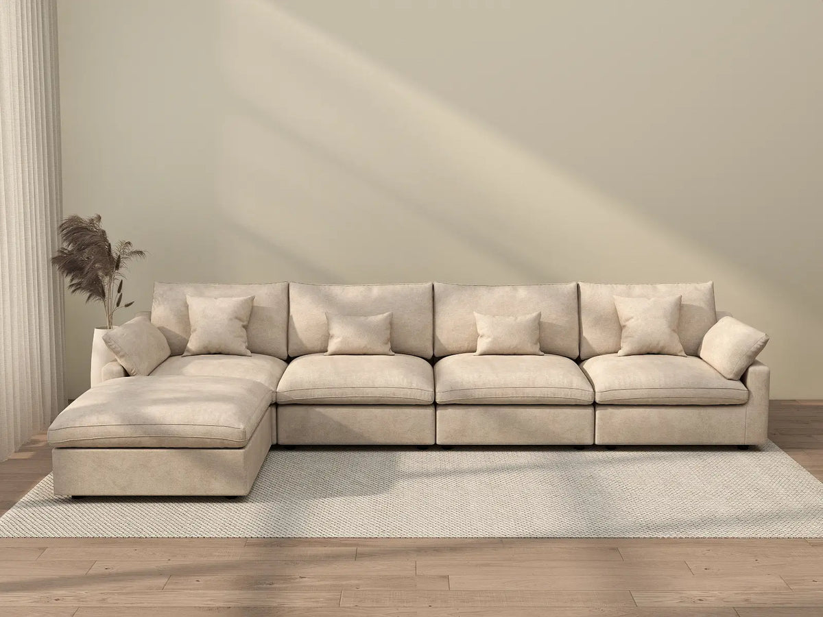 WJS Home 5 Piece Linen Khaki Sofa Sets 4 Seater With 1 Ottoman_2
