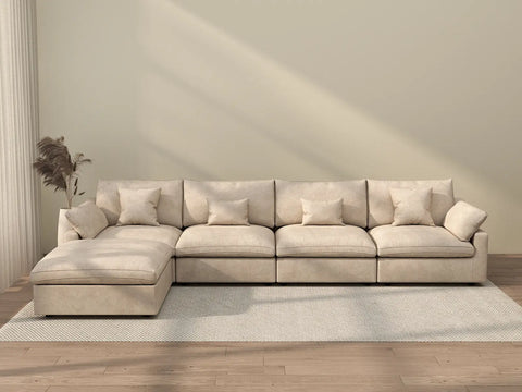 Sofá modular modular Deluxe Cloud de 4 plazas, color caqui, lavable, en forma de L | 5 piezas (incluye 1 otomana), tela de chenilla y lino, diseño modular