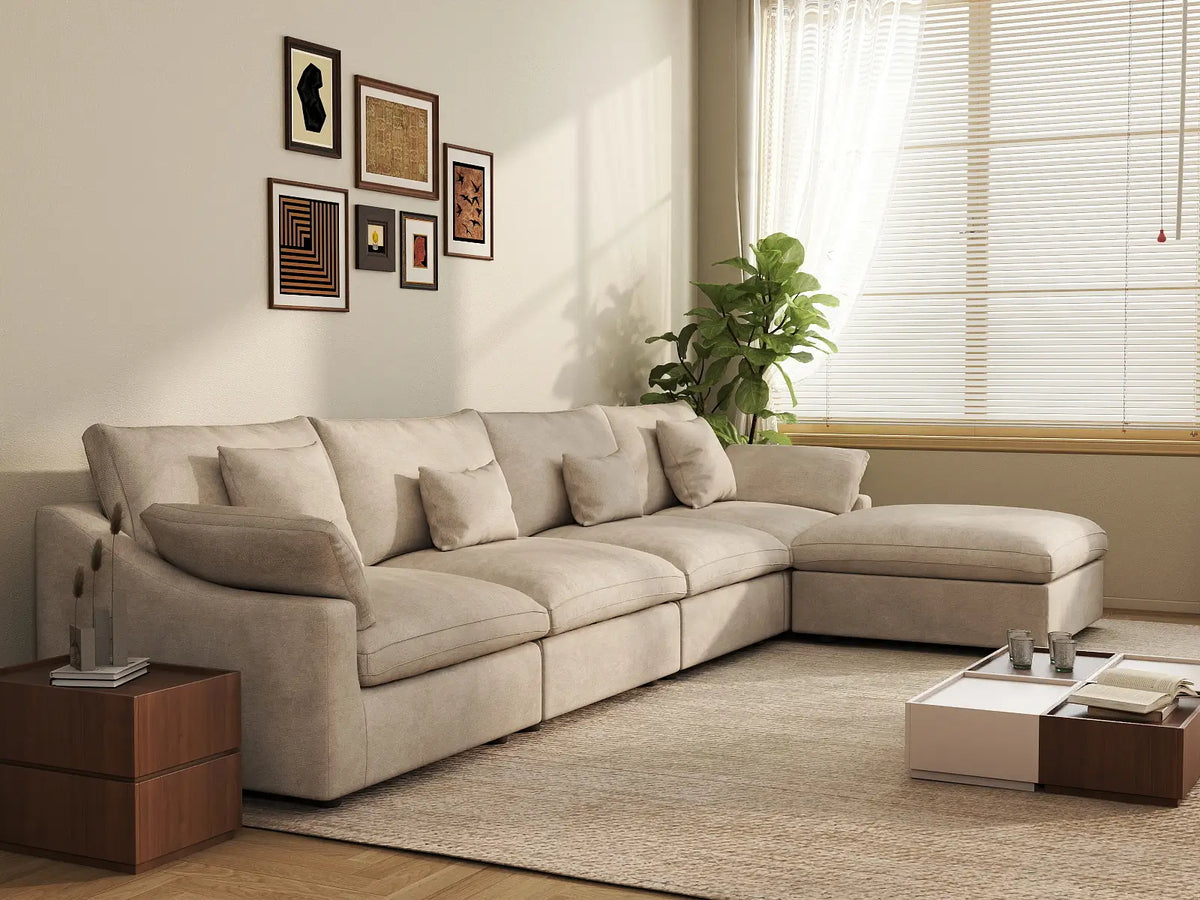 WJS Home 5 Piece Linen Khaki Sofa Sets 4 Seater With 1 Ottoman_6