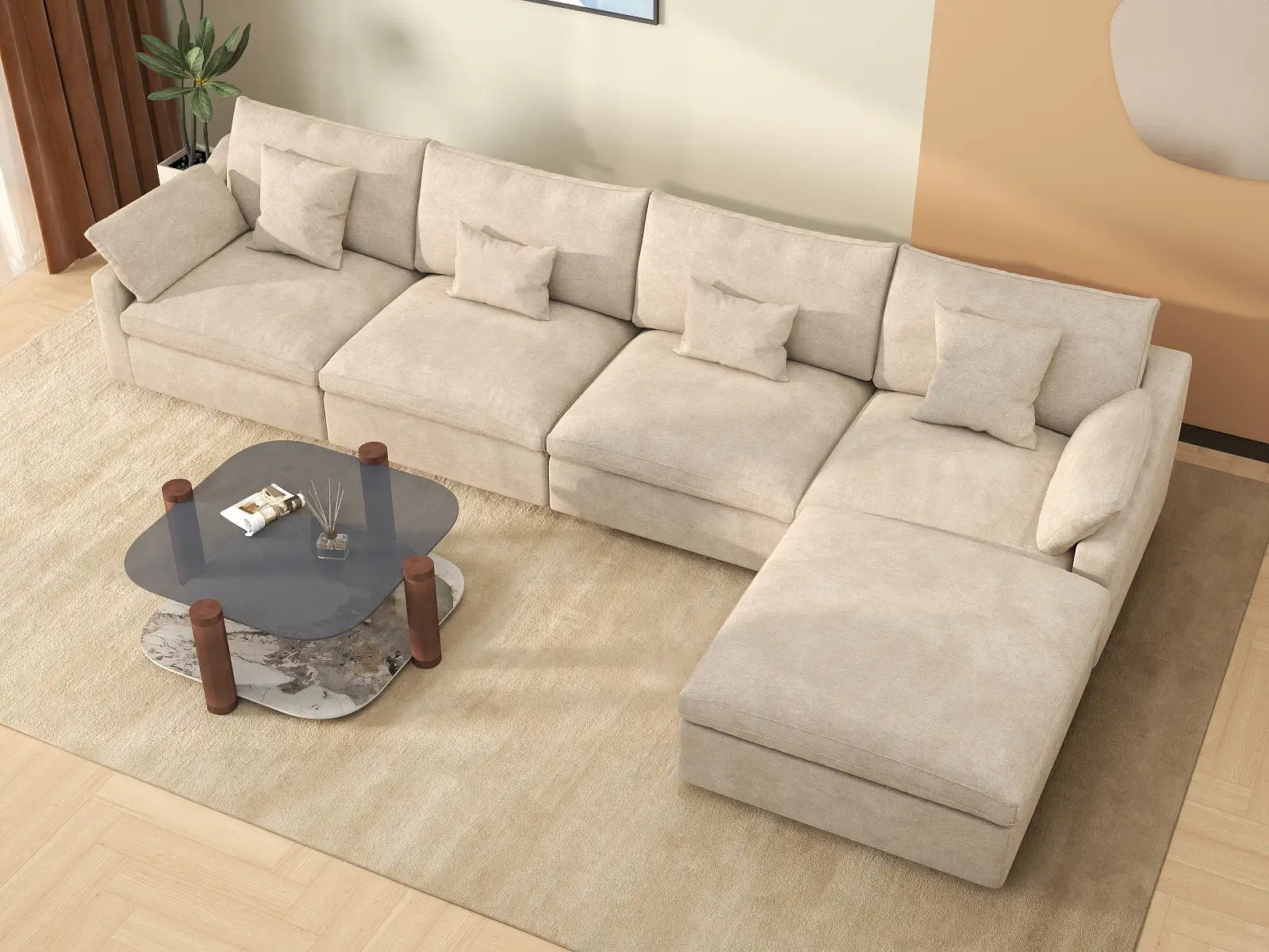 WJS Home 5 Piece Linen Khaki Sofa Sets 4 Seater With 1 Ottoman_7