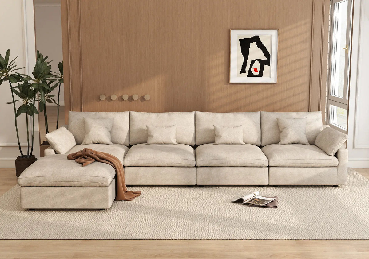 WJS Home 5 Piece Linen Khaki Sofa Sets 4 Seater With 1 Ottoman_8
