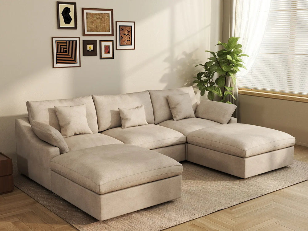 WJS Home 5 Piece Linen Khaki U Shaped Sectionals 3 Seater With 2 Ottomans_1