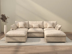 Deluxe Slope Cloud Sectional Sofas | 5-Piece Linen Khaki U-Shaped Sectionals 3-Seater With 2 Ottomans