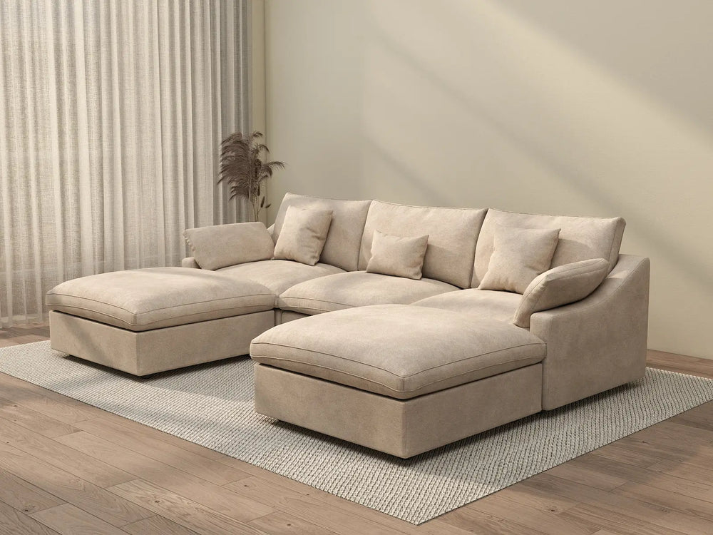 WJS Home 5 Piece Linen Khaki U Shaped Sectionals 3 Seater With 2 Ottomans_3