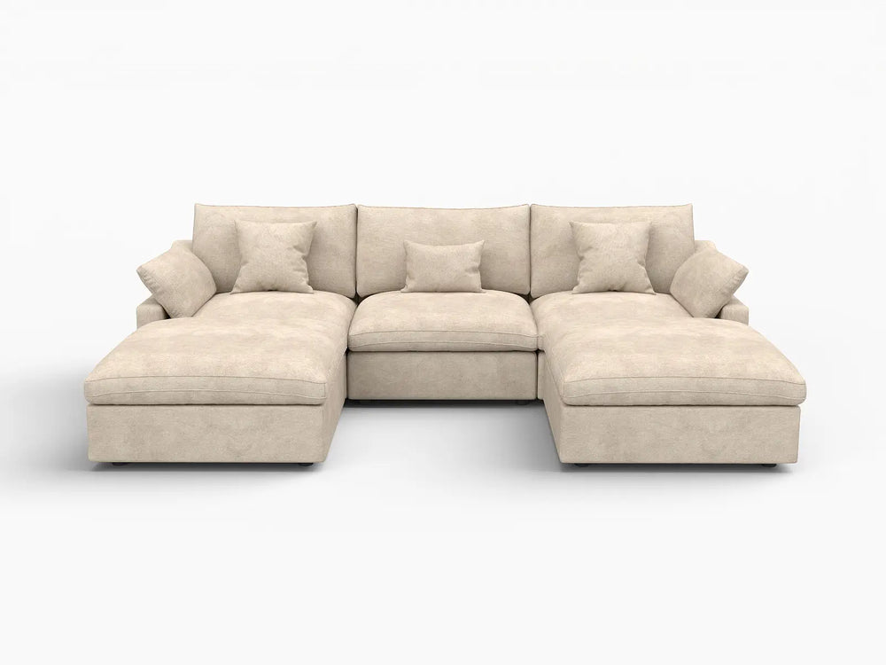 WJS Home 5 Piece Linen Khaki U Shaped Sectionals 3 Seater With 2 Ottomans_4