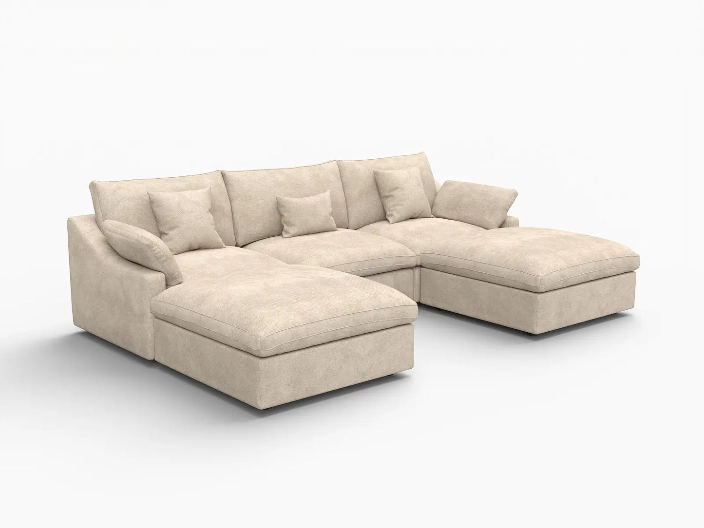 WJS Home 5 Piece Linen Khaki U Shaped Sectionals 3 Seater With 2 Ottomans_5