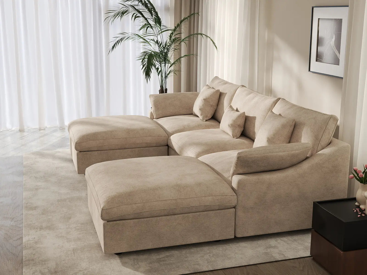WJS Home 5 Piece Linen Khaki U Shaped Sectionals 3 Seater With 2 Ottomans_7