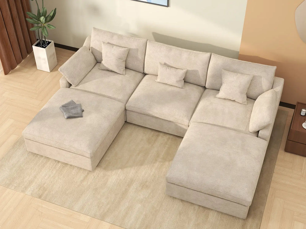 WJS Home 5 Piece Linen Khaki U Shaped Sectionals 3 Seater With 2 Ottomans_8