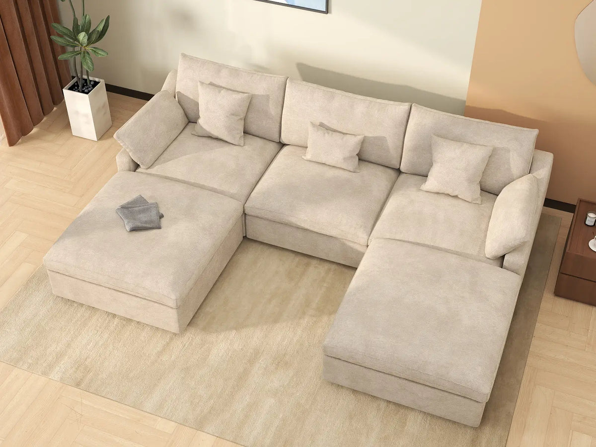 WJS Home 5 Piece Linen Khaki U Shaped Sectionals 3 Seater With 2 Ottomans_8