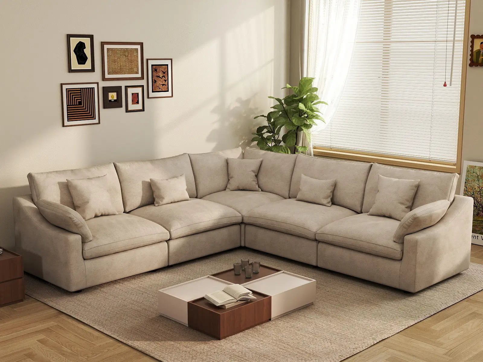 WJS Home 5 Piece Linen Khaki V Shaped Sectionals 5 Seater_1