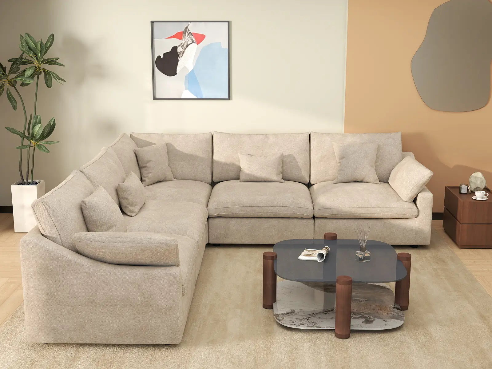 WJS Home 5 Piece Linen Khaki V Shaped Sectionals 5 Seater_6