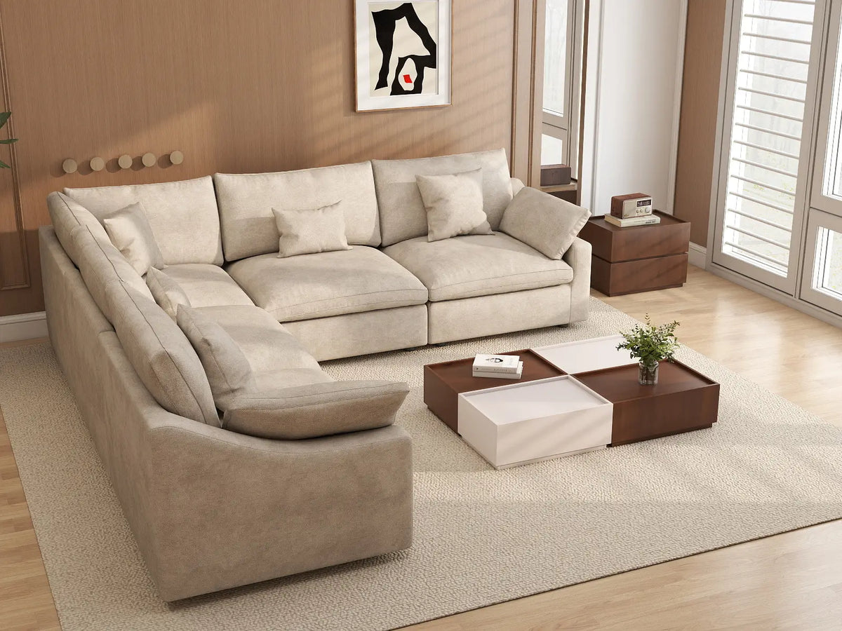 WJS Home 5 Piece Linen Khaki V Shaped Sectionals 5 Seater_7