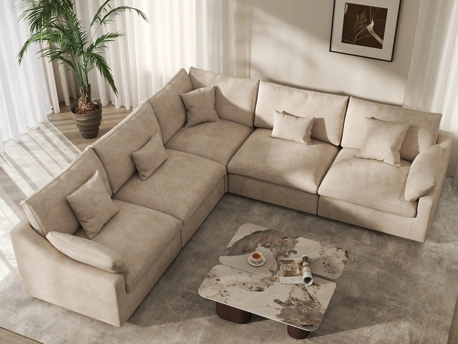 WJS Home 5 Piece Linen Khaki V Shaped Sectionals 5 Seater_8