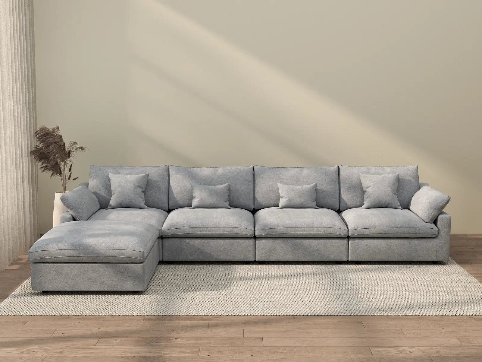 WJS Home 5 Piece Linen Light Grey L Shaped Sectionals 160 Adjustable Backrest Pillows 4 Seater_2