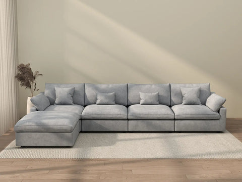 Sofá modular modular Deluxe Cloud de 4 plazas, color gris claro, lavable, en forma de L | 5 piezas (incluye 1 otomana), tejido de chenilla y lino, diseño modular