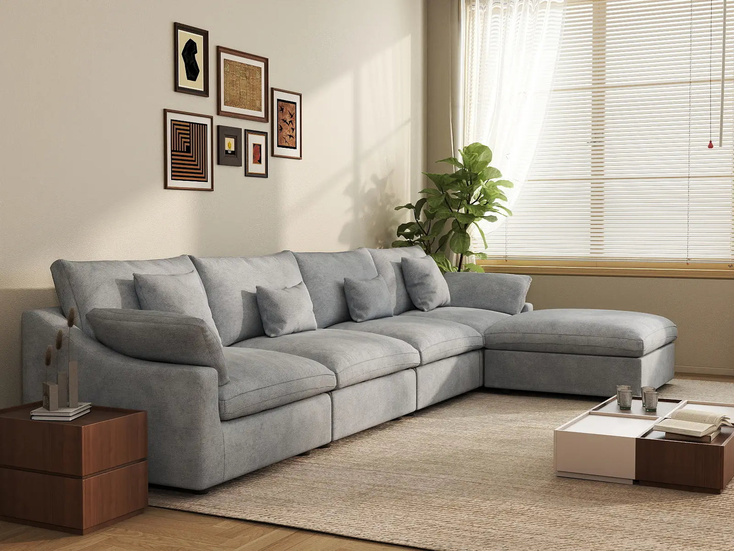 WJS Home 5 Piece Linen Light Grey L Shaped Sectionals 160 Adjustable Backrest Pillows 4 Seater_6