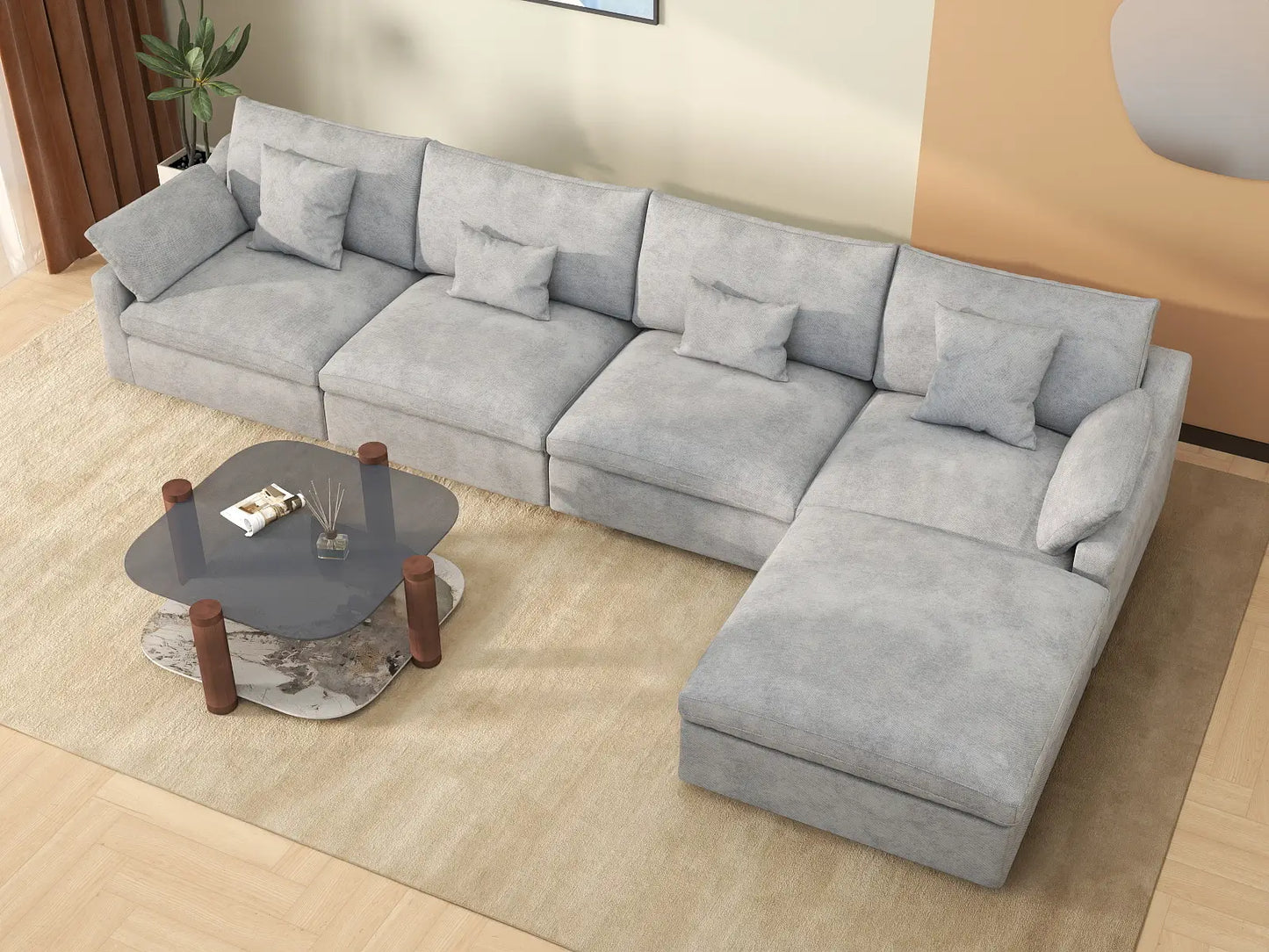 WJS Home 5 Piece Linen Light Grey L Shaped Sectionals 160 Adjustable Backrest Pillows 4 Seater_7