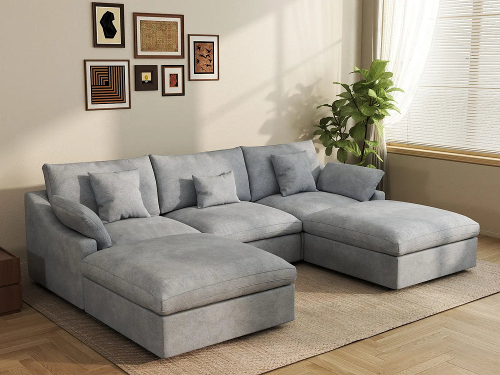WJS Home 5 Piece Linen Light Grey U shaped Sectionals 120 Adjustable Backrest Pillows 3 Seater_1