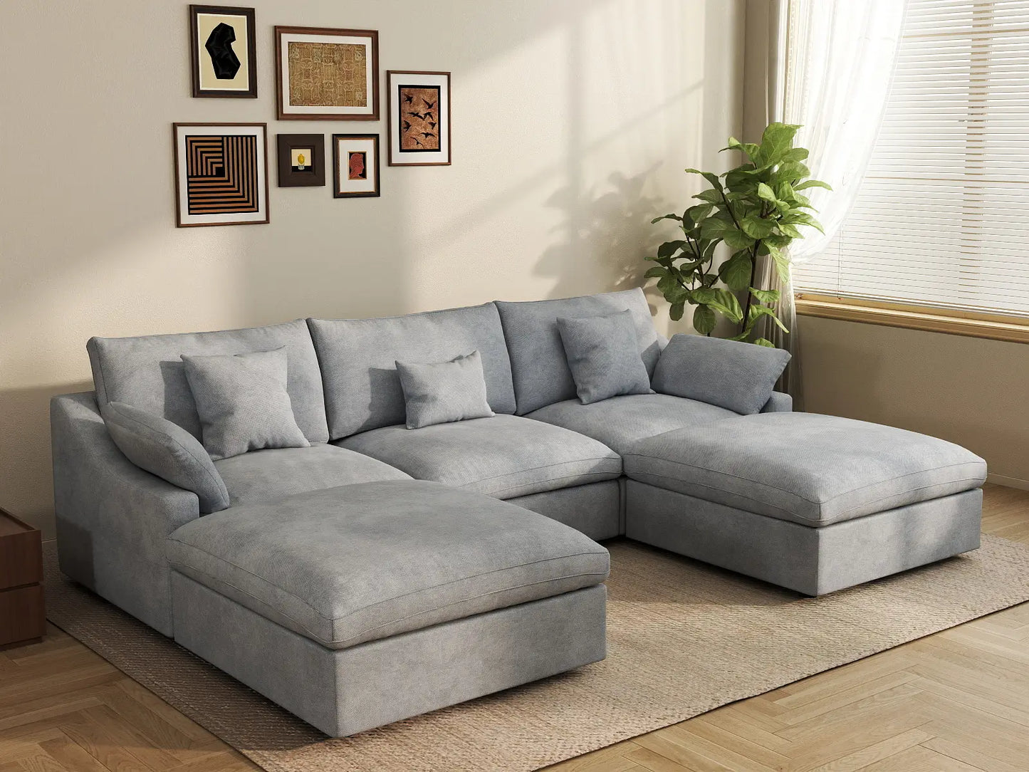 WJS Home 5 Piece Linen Light Grey U shaped Sectionals 120 Adjustable Backrest Pillows 3 Seater_1