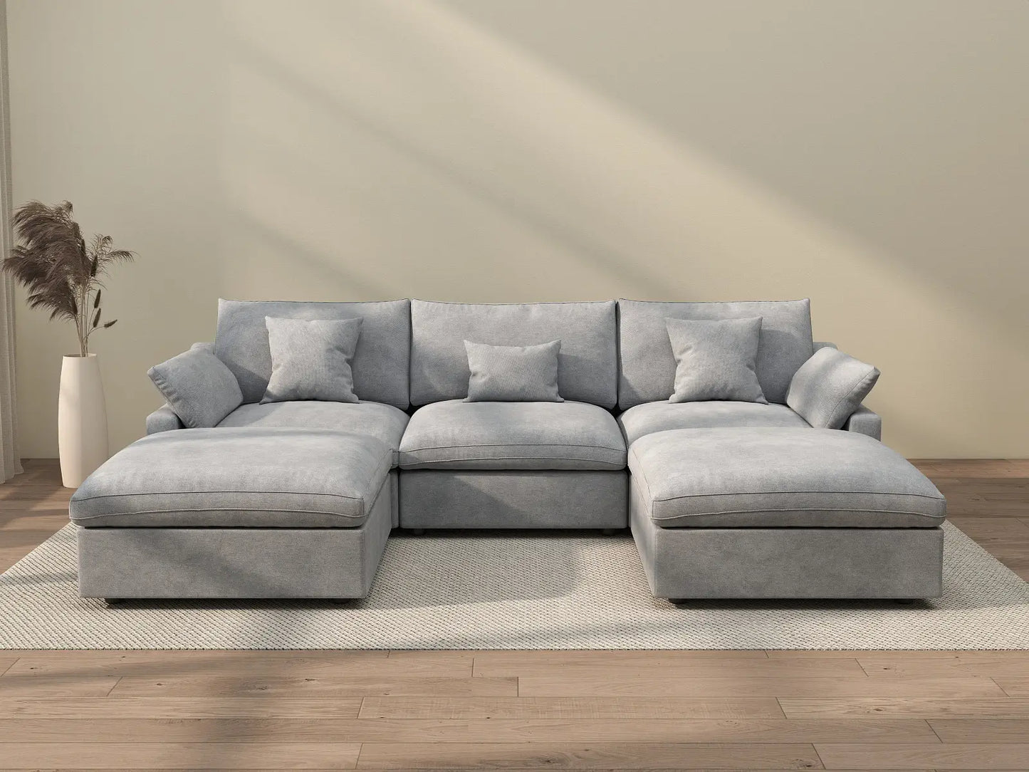 WJS Home 5 Piece Linen Light Grey U shaped Sectionals 120 Adjustable Backrest Pillows 3 Seater_2
