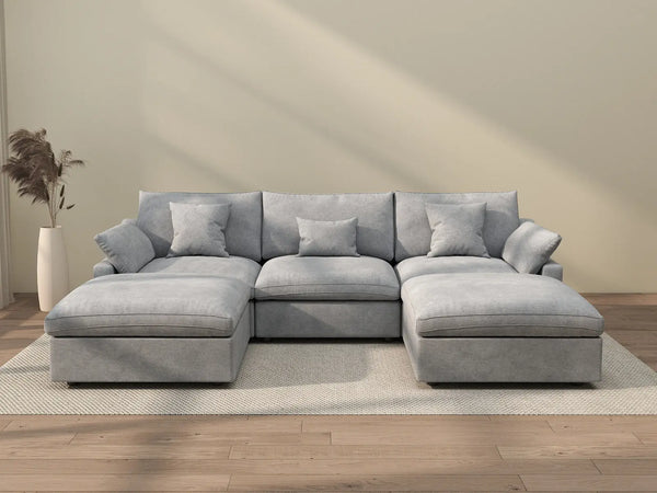 Deluxe Cloud 3-Seater Light-Grey Washable U-Shaped Sectional | 5-Piece (includes 2 Ottomans), Chenille and Linen Fabric, Modular Design