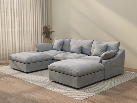 WJS Home 5 Piece Linen Light Grey U shaped Sectionals 120 Adjustable Backrest Pillows 3 Seater_3
