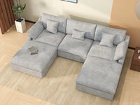 WJS Home 5 Piece Linen Light Grey U shaped Sectionals 120 Adjustable Backrest Pillows 3 Seater_8