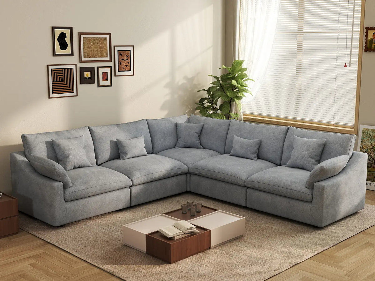 WJS Home 5 Piece Linen Light Grey V Shaped Sectionals 5 Seater_1