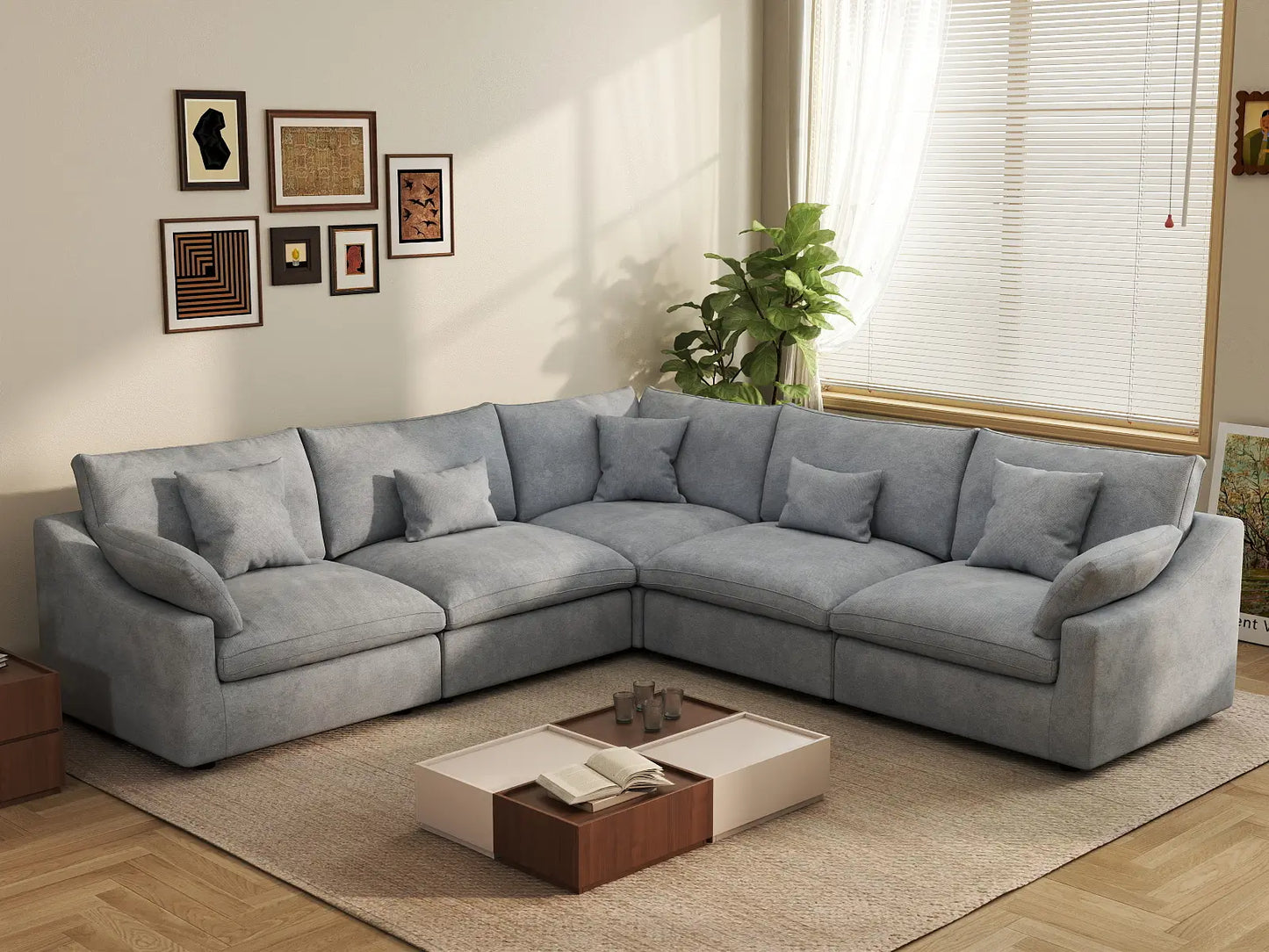 WJS Home 5 Piece Linen Light Grey V Shaped Sectionals 5 Seater_1