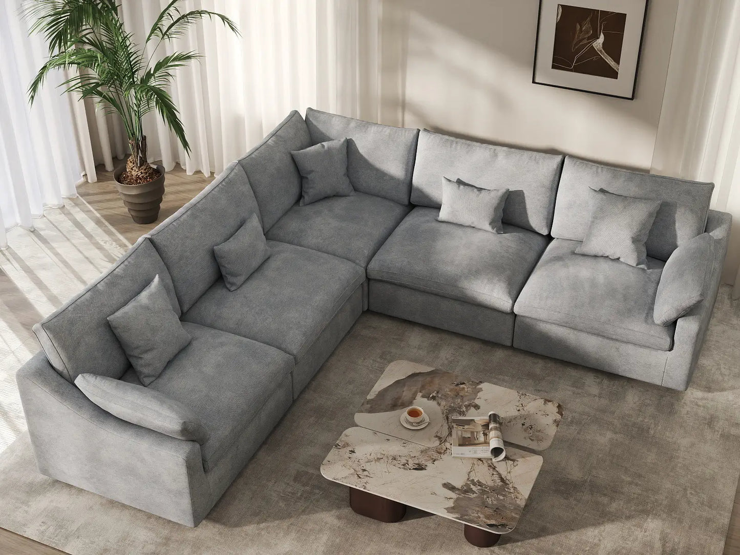 WJS Home 5 Piece Linen Light Grey V Shaped Sectionals 5 Seater_8