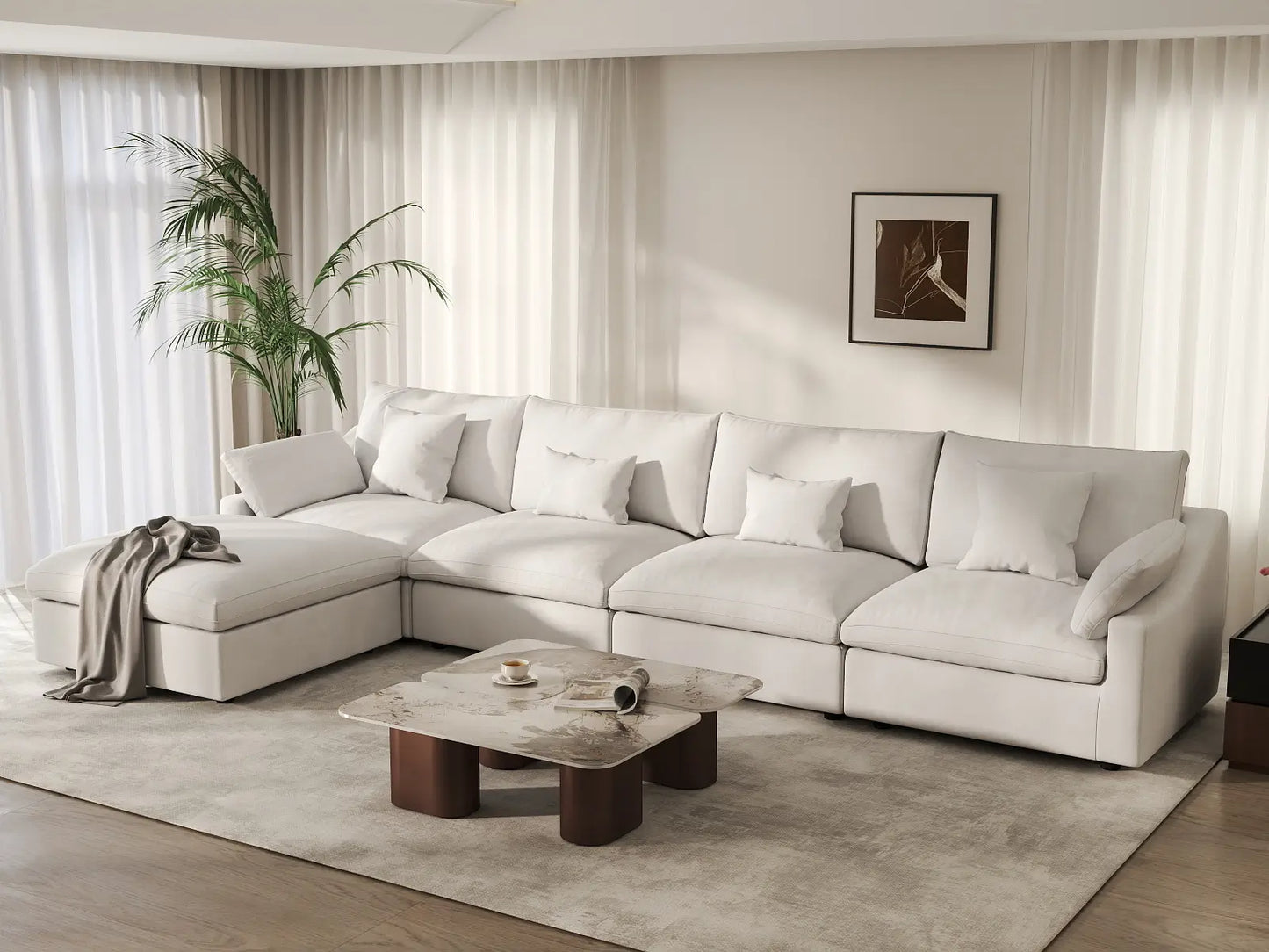 WJS Home 5 Piece Linen White L Shaped Sectionals 160 Adjustable Backrest Pillows 4 Seater_1